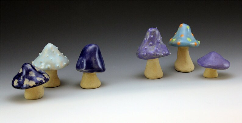 unique colourful sculpture purple glazed stoneware nursery Fairy garden Ceramic Mushrooms fairy tale set of 6 Handmade blue dotty
