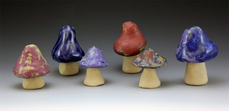 Set of 6 ceramic mushrooms purple Handmade decorative blue home garden decor sculpture pink fairy tale glazed stoneware unique