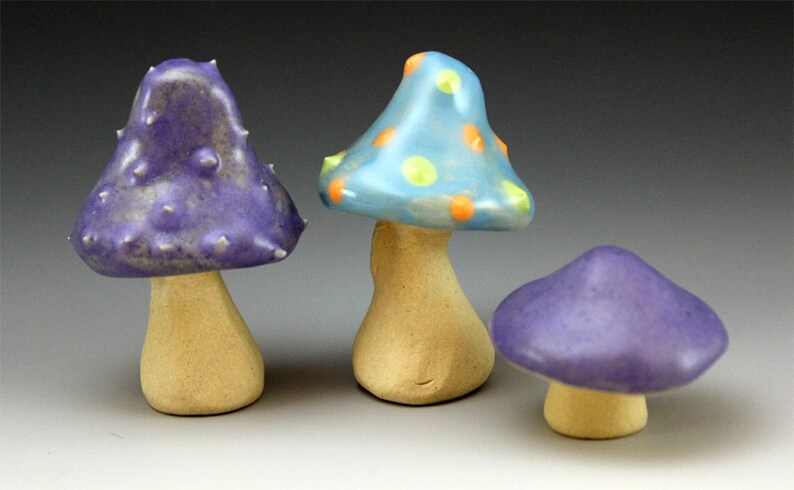 unique colourful sculpture purple glazed stoneware nursery Fairy garden Ceramic Mushrooms fairy tale set of 6 Handmade blue dotty