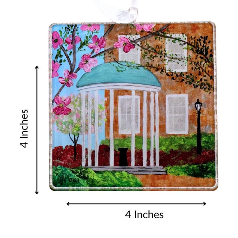 UNC Old Well acrylic ornament featuring original artwork of the iconic University of North Carolina Chapel Hill landmark in Carolina blue.