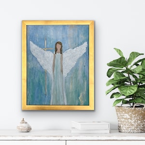 Guardian Angel Painting: Original Christian Wall Art, Gold Frame (11x14 on Canvas)