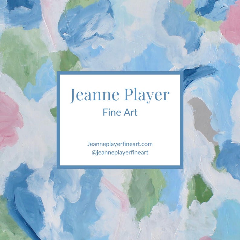 May include: Abstract art piece with a background of blue, green, pink, and white brushstrokes. A white square with a blue border contains the text "Jeanne Player Fine Art", along with a website and social media handle.