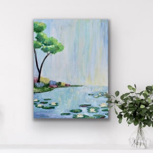 Original Abstract Lake Blue and Green, Summer Landscape, 18 x 24, Abstract Lake Painting, Abstract Lake Art, Floral Art Landscape