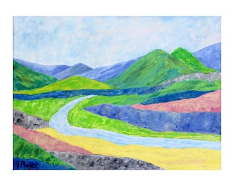 Arte mural original de paisaje montañoso abstracto moderno, 30 x 40 cm