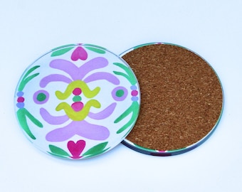 Pink and Green Acrylic Coaster Set: Abstract Art, Cork Back