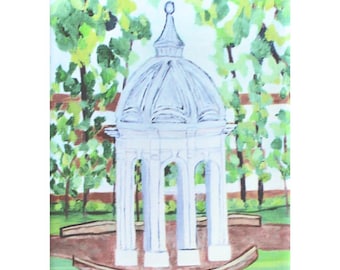 May include: A watercolor painting of a white gazebo with a domed roof, surrounded by green trees and brown benches. The gazebo has a white, arched structure with four pillars and a detailed roof. The painting is signed "J. Plauger" in the bottom right corner.