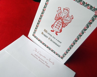 Letterpress Santa and Holly Christmas Card with Personalized Envelope (Set of 5)