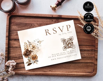 Boho QR Code Response Card, Wedding RSVP Online, Modern Reply, QR Code Response, Instant Download, Editable, Printable, Canva 3.5x5", WD5S4