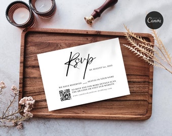 Classic Minimalist QR Code Response Card, Wedding Invite RSVP Online, Modern Reply, Instant Download Editable Printable, Canva 5x3.5", SD02c
