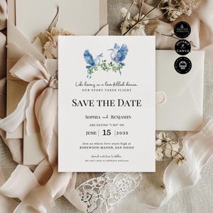 Save the Date Elegant Blue Heron and Floral Invitation Template, Stork Theme, DIY Invite, Printable Instant Download, Edit Canva 5x7", SD22d