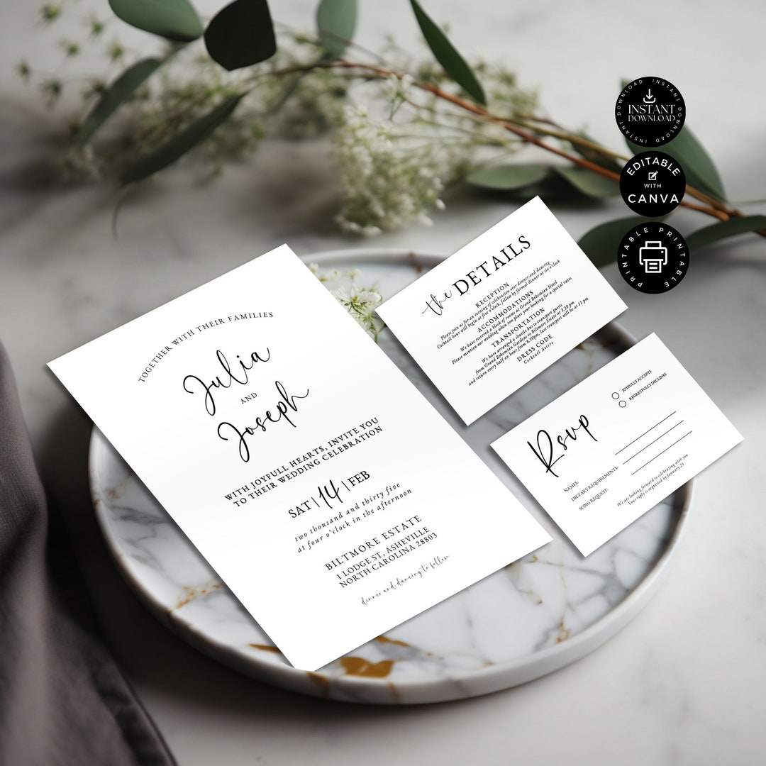 Utcom Invite Minimalist Wedding Invitation Bundle, Details Card, RSVP Template Set ...
