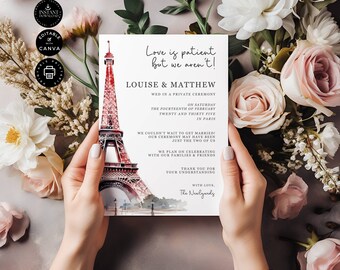 May include: A wedding announcement with a watercolor illustration of the Eiffel Tower in Paris, France. The announcement reads "Love is patient but we aren't!"  Louise & Matthew Wed in a private ceremony on Saturday, the fourteenth of February, twenty and thirty five in Paris. We couldn't wait to get married! Our ceremony may have been just the two of us. We plan on celebrating with our families & friends. Thank you for your understanding. With love, The Newlyweds.