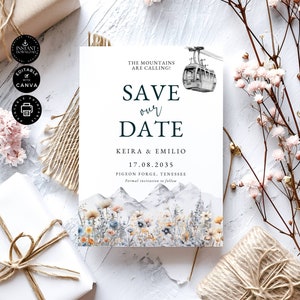 Moderne Berg Save Our Date Vorlage, Save the Date, Hochzeitsparty Einladungskarte, Einladung, Sofortiger Download, druckbar, Bearbeiten Canva 5x7", C01