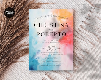Colorful Wedding Invite Template, Fun, Bright Retro Wedding Invitation Card, Printable, Editable, Instant Download, Digital Canva 5x7", SD06