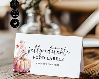 Blush Pink Pumpkin Baby Shower, Tent Food Label, Buffet Card Template, Dessert Table, Printable Edit in Canva 3.5x4" or 3.5x2" Folded, BB02f