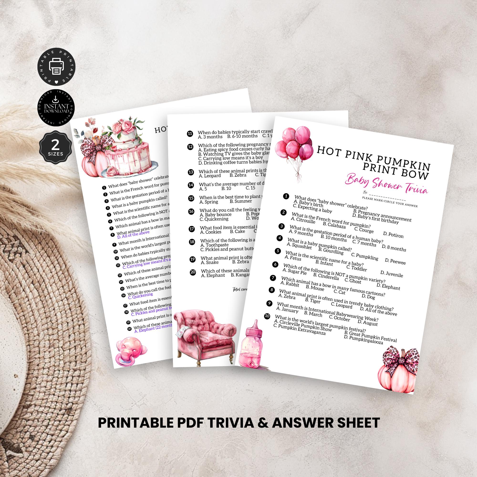 Printable Pink Pumpkin Floral Baby Shower Party, Trivia Questions ...