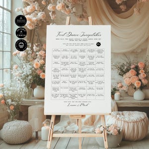 First Dance Sweepstake Wedding Game Sign Template, Fun Dance Guess Game Poster, Party, Reception, Printable, Editable, Canva 4 sizes, SD27n