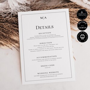 Classic Minimalist Wedding Details Card Template, Modern Details Wedsite Card, Printable Editable, Instant Download Digital Canva 5x7&quot;, WD6b