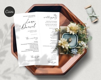 Classic Modern Wedding Program Template, Minimalist Order of Service Card, Instant Digital Download, Canva (4x9")x2 Editable Printable WD1D1