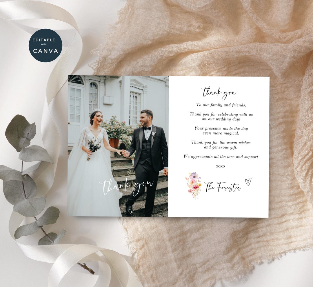 Minimalist Wedding Thank You Card With Photo, Wildflower, Editable ...