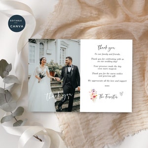 Minimalist Wedding Thank You Card with Photo, Wildflower, Editable Template, Printable Photo Thank You, Instant Download, Canva 6x4", SD13g