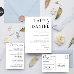 Classic Wedding Invitation Template, Printable Invite RSVP Details Suite, Black & White Bundle, Canva DIY Editable Instant Download, WD1B1