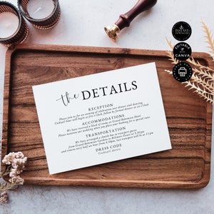 Minimalist Wedding Details Card Template, Invite Insert, Enclosure, Invitation Extra, Inst Download, Printable, Edit in Canva 5x3.5", NIK01