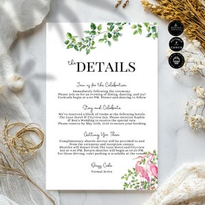 Pink Heron and Floral Wedding Details Card Template, Reception Insert, Accommodation, Transport, Printable, Inst Download Canva 4x6", SD21b
