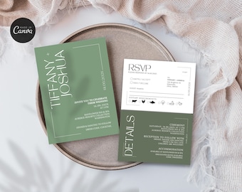 Sage Green Classic Wedding Invitation Template, Printable Invite RSVP Details Suite, Modern Bundle, Canva, Editable, Instant Download, WD3B1