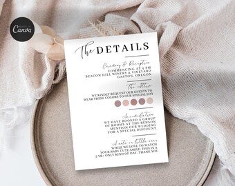 Classic Minimalist Wedding Details Card, Editable Information Card, Attire, Enclosure Insert Template, Instant Download, Canva 3.5x5", WD1S6