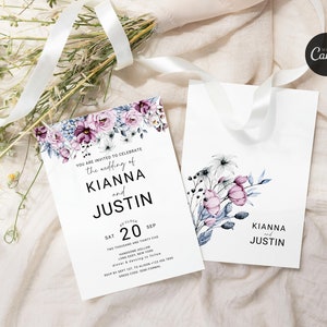 Blush Pink and Blue Flower Wedding Invitation Template, Printable Invite Party, Floral 2 Side, Editable Instant Download, Canva 5x7&quot;, SD10