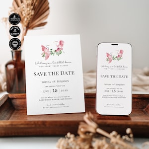 Save the Date Elegant Pink Heron and Floral Template, Stork Theme, Invite, Evite, Smart phone, Digital, Printable, Edit Canva 2 size, SD21d2