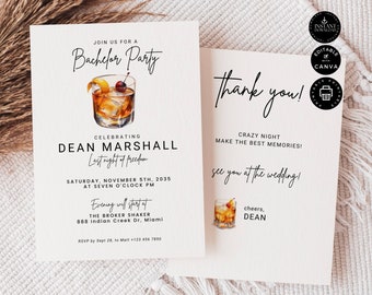 Bachelor Party Invitation Template, Modern Minimalist Invite, Thank You, DIY Printable Editable Instant Download, Digital Canva 5x7", BP13