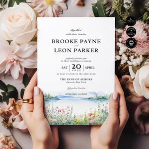 Classic Minimalist Wedding Invitation Template, Spring Lake Party Card, Floral Invite, Printable, Instant Download Edit in Canva 5x7", SD18