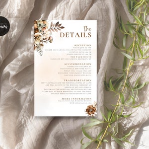 Wedding Details Card Template, Reception Invitation Insert, Boho, Accommodation, Transportation, Printable Instant Download Canva 4x6" WD5S6