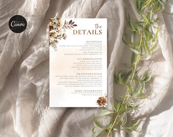 Wedding Details Card Template, Reception Invitation Insert, Boho, Accommodation, Transportation, Printable Instant Download Canva 4x6" WD5S6