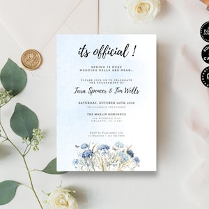 Floral Engagement Party Invitation Template, Blue Flowers, Modern Wedding Card, Engaged, Printable, Instant download, Edit Canva 5x7", EG03