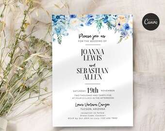 May include: A wedding invitation with a blue and white floral design. The invitation reads "Please join us for the wedding of Joanna Lewis and Sebastian Allen. Saturday, 19th November, Two thousand and thirty five at four o'clock in the afternoon. Loews Ventana Canyon, Tucson, Arizona. Reception to follow. Dress Code: Cocktail. RSVP by Oct 20th to Lucy +123 456 7890."