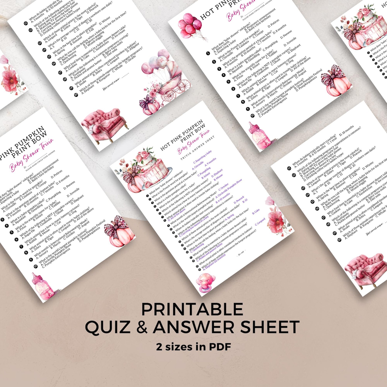 Printable Pink Pumpkin Floral Baby Shower Party, Trivia Questions ...