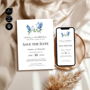 Save the Date Elegant Blue Heron and Floral Template, Stork Theme, Invite, Evite, Smart phone, Digital, Printable, Edit Canva 2 size, SD22d2
