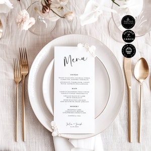 Elegant Minimal Wedding Menu Template, Modern Table Dinner Menu, DIY Reception Party, Instant Download, Printable, Edit in Canva 4x9&quot;, NIK01