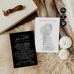 May include: A wedding invitation suite featuring a black invitation card with skeleton illustrations and white text, and a white card with a floral design. A wooden stamp and white flowers are also visible.