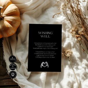Halloween Wedding Wishing Well Card Template, Gothic Skeleton Invitation Insert, Black Ins Download, Editable Printable, Canva 3.5x5", SD28d