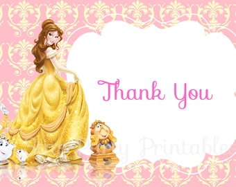 Instant Download, Belle, Beauty & the Beast Thank you card, Disney Princess, Kid's Birthday Party thank you, Birthday thank you card