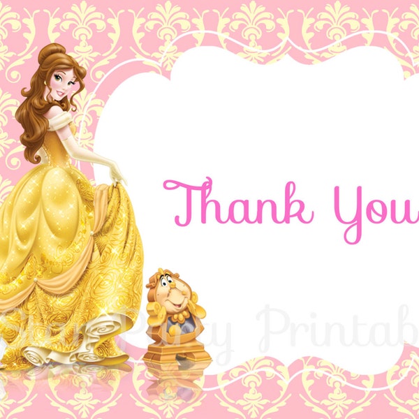 Instant Download, Belle, Beauty & the Beast Thank you card, Disney Princess, Kid's Birthday Party thank you, Birthday thank you card