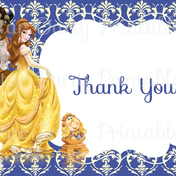 Belle, Beauty & the Beast Thank you card, Disney Princess, Kid's Birthday Party thank you, Birthday thank you card