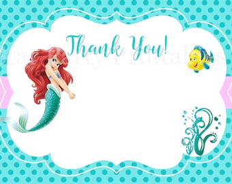 Instant Download, The Little Mermaid Thank you card, Ariel, Disney Princess, Kid's Birthday Party thank you, Birthday thank you card