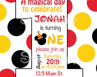 Mickey Mouse, Mickey, 1st Birthday, Classic, First, Birthday, Invitation, Kid's Birthday Party Invite, Birthday Invitation