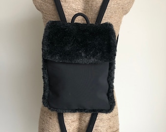 Vintage Backpack / Esprit / black rucksack / fur backpack/ size S/M / vintage bag / fur bag