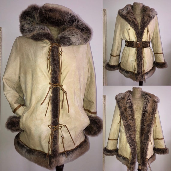 Vintage Afghan coat / stone washed beige leather c
